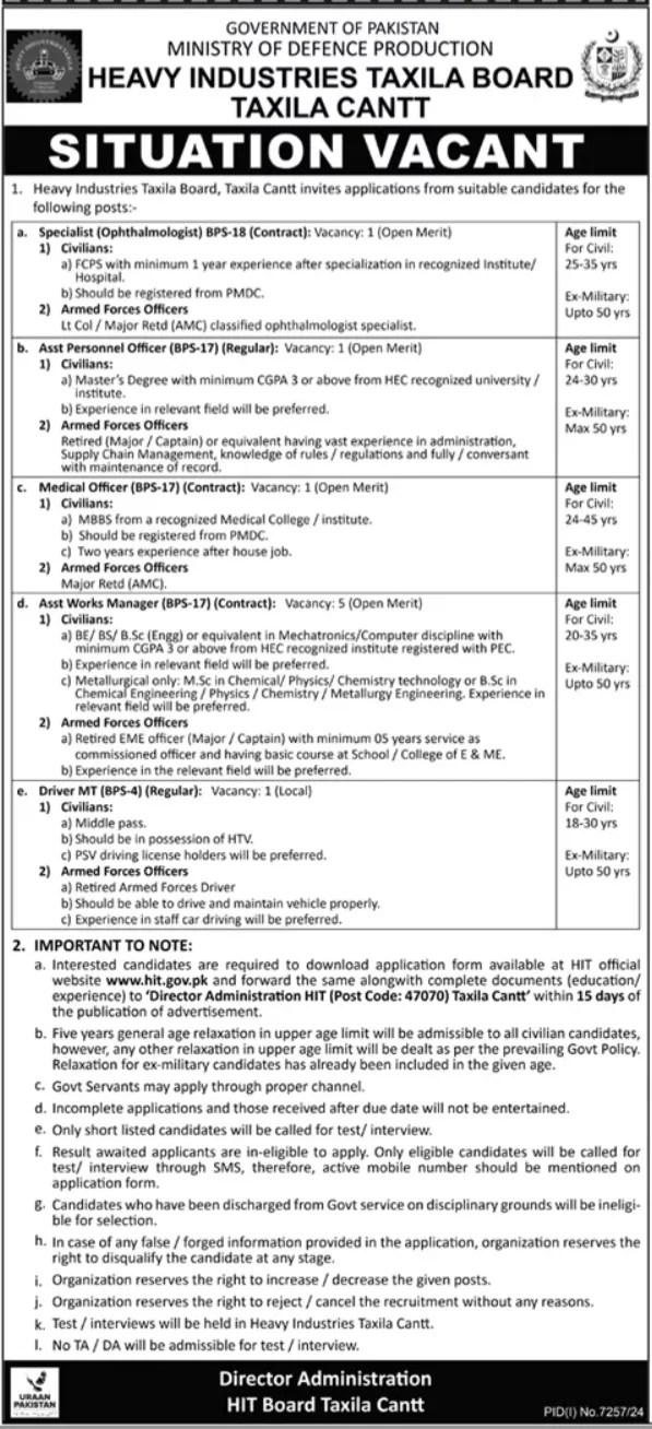 Heavy Industries Taxila Jobs 2025 Latest Advertisement