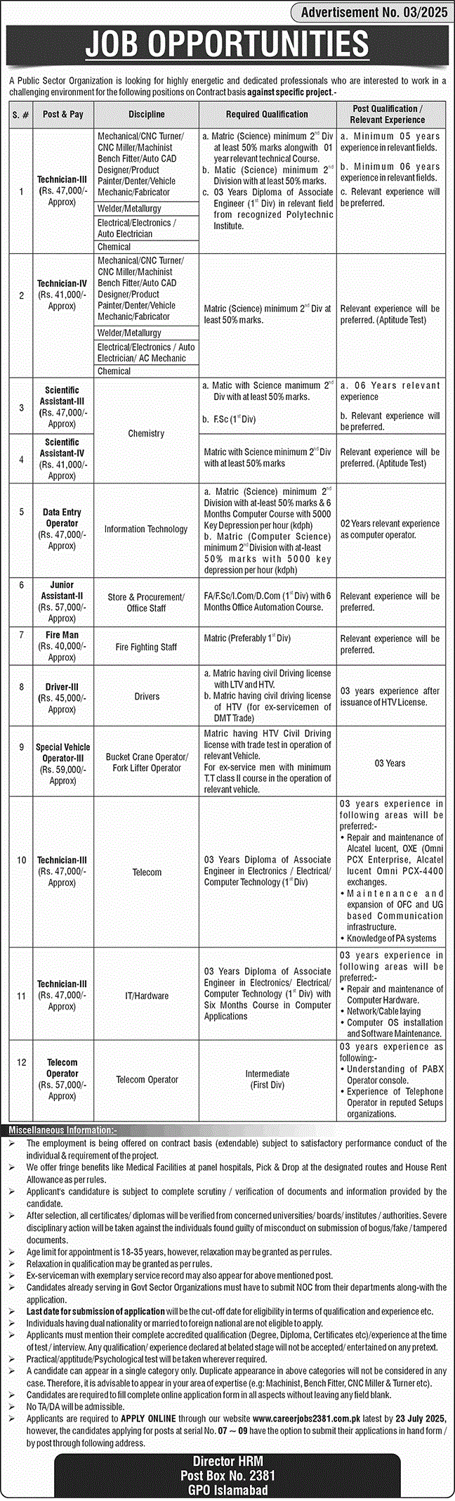 PO Box 2381 GPO Islamabad Jobs 2025 Latest Advertisement