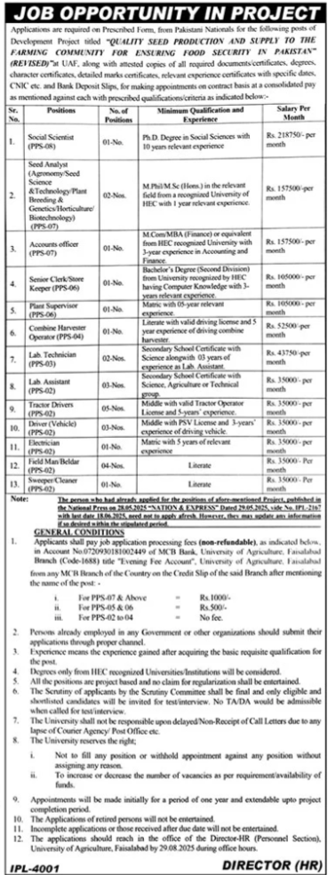 University of Agriculture Jobs 2025 Latest Advertisement