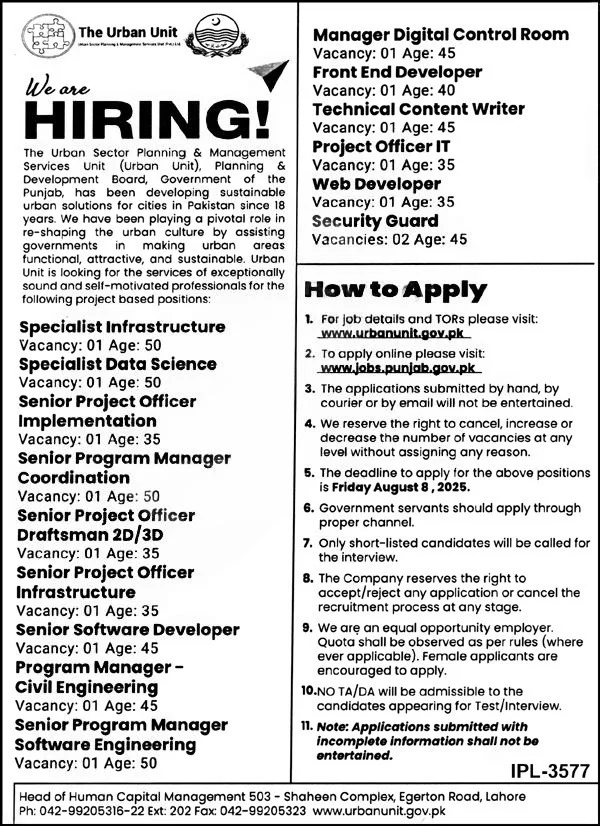 Urban Unit Management Jobs 2025 Latest Advertisement