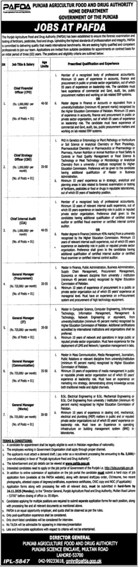 Punjab Agriculture Food and Drug Authority Jobs 2025 Latest Advertisement