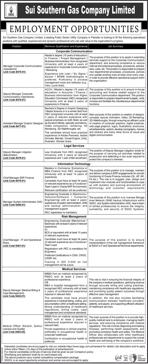 Sui Southern Gas Company Limited Jobs 2025 Latest Advertisement