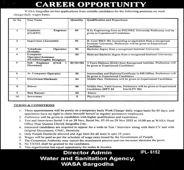 Water and Sanitation Agency Vasa Jobs 2025 Latest Advertisement