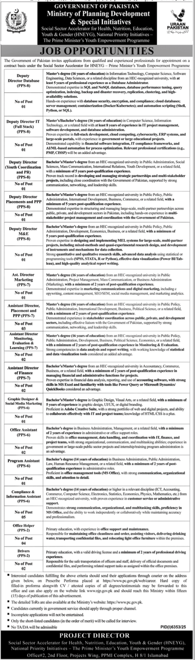 Ministry of Planning Development Jobs 2026 Latest Advertisement