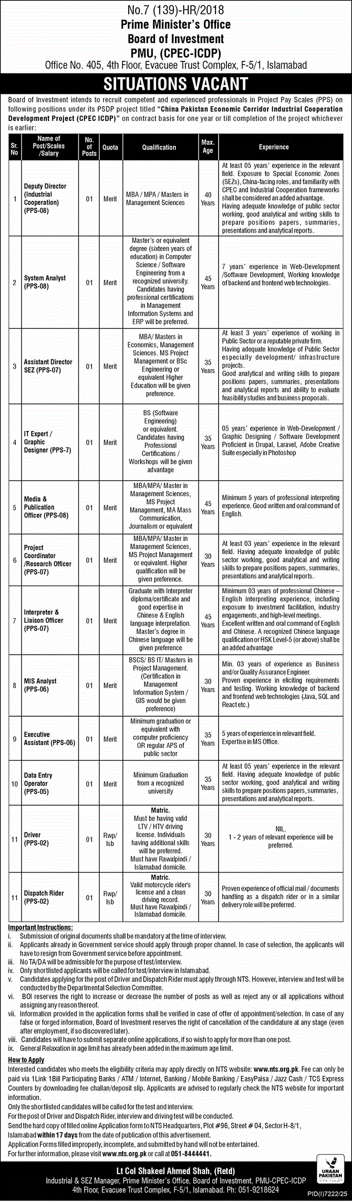 Board of Investment Islamabad NTS Jobs 2026 Latest Advertisement