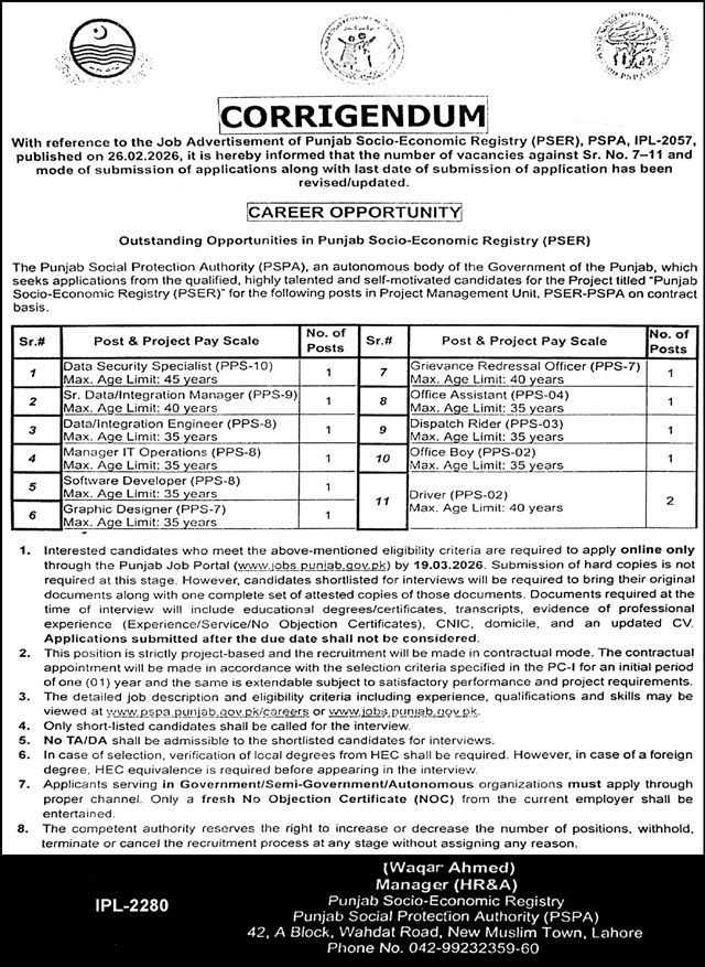 Punjab Social Economic Registry Jobs 2026 Latest Advertisement